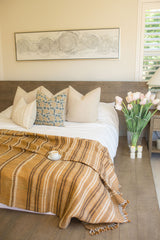 VERA IN TEAL AND MUSTARD ON NATURAL LINEN PILLOW COVER - Krinto.com