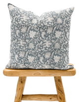 Blue-Grey Floral Print on Natural Linen Pillow Cover - Krinto.com