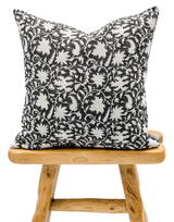 Black Floral Print on Natural Linen Pillow Cover - Krinto.com