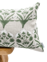 EXTRA LONG OLIVE GREEN FLOWERS ON NATURAL LINEN - Krinto.com