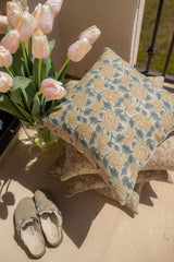 VERA IN TEAL AND MUSTARD ON NATURAL LINEN PILLOW COVER - Krinto.com