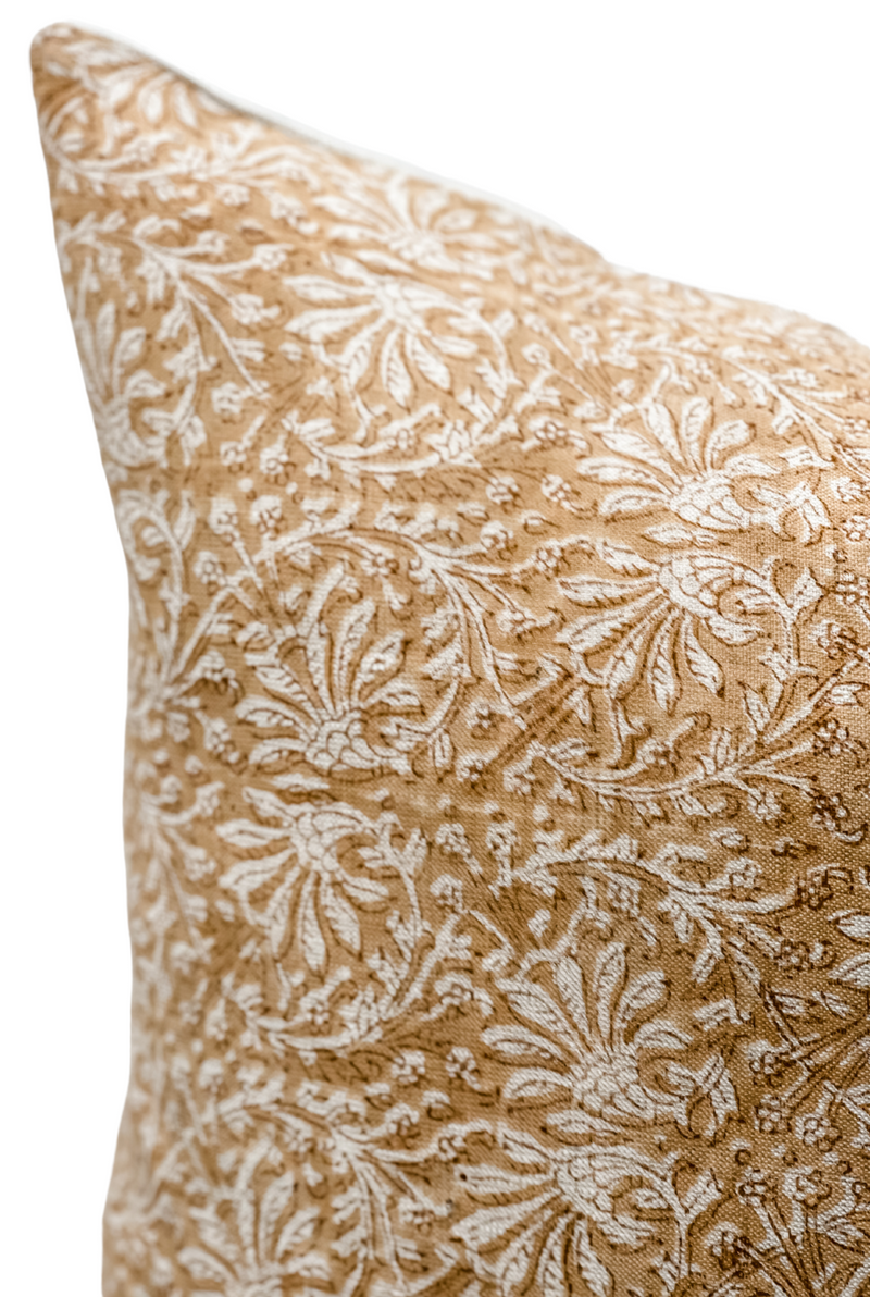 Tan Rust Floral Print on Natural Linen Pillow Cover - Krinto.com