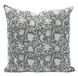 Blue-Grey Floral Print on Natural Linen Pillow Cover - Krinto.com