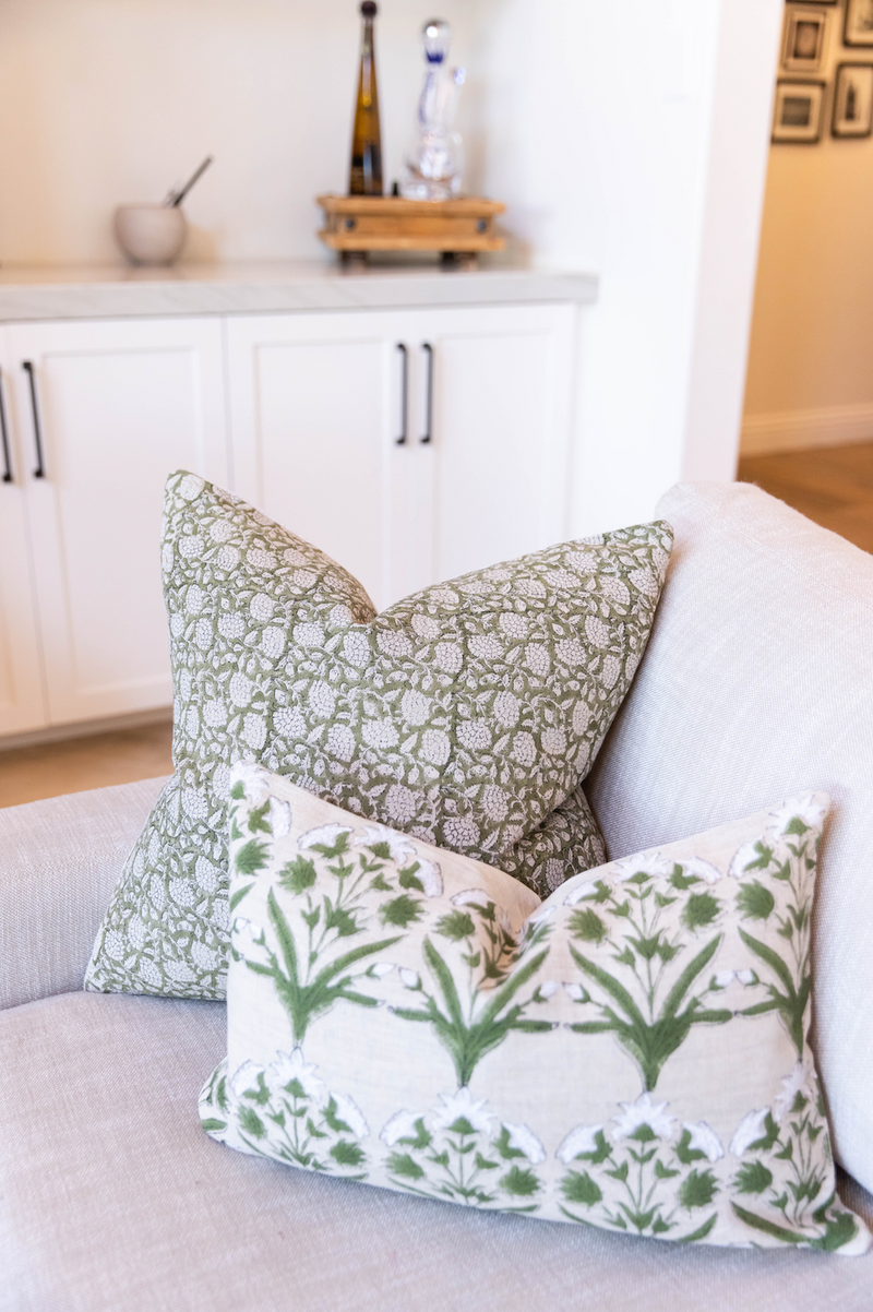 CHLOE IN OLIVE GREEN ON NATURAL LINEN PILLOW COVER