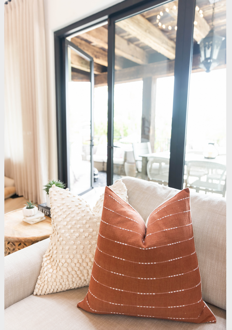 Terracotta Rust With White Stripes Woven Pillow Cover - Krinto.com