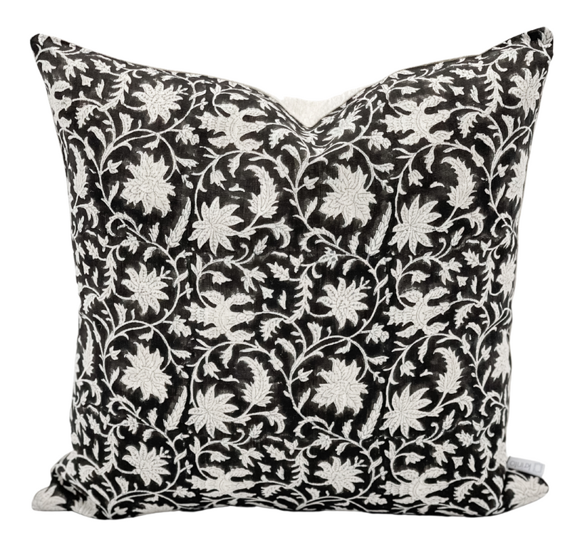 Black Floral Print on Natural Linen Pillow Cover - Krinto.com