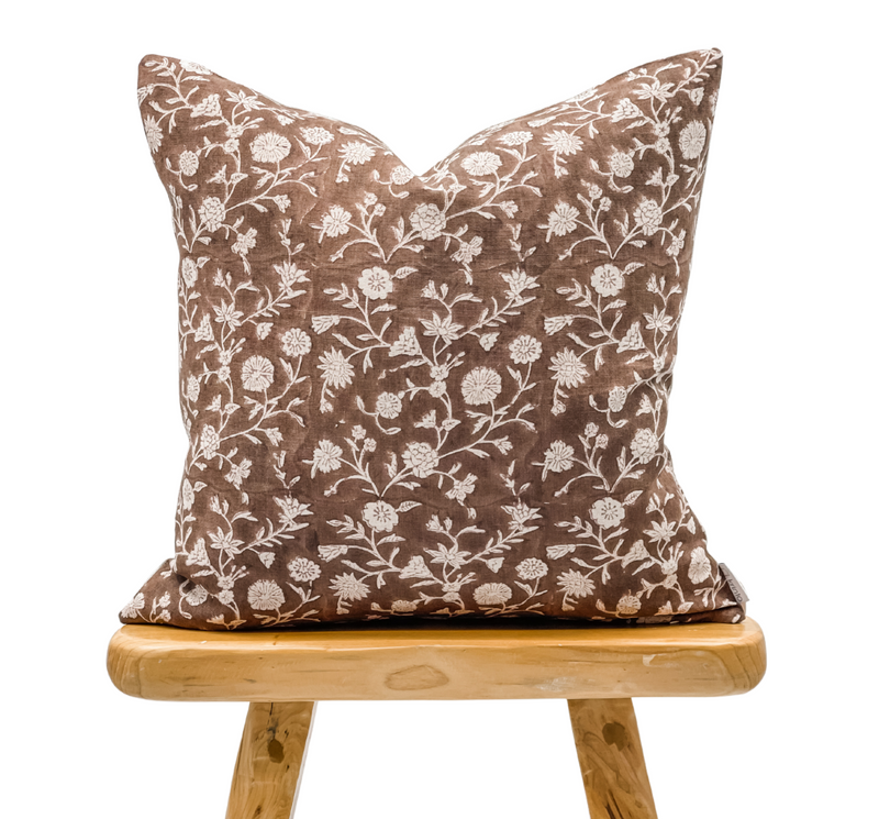 Floral Terra-cotta Brown on Natural Linen Pillow Cover - Krinto.com