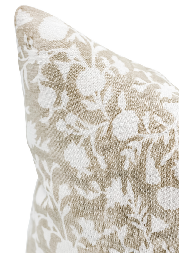 FLORAL TAN BEIGE ON OFF WHITE LINEN PILLOW COVER - Krinto.com
