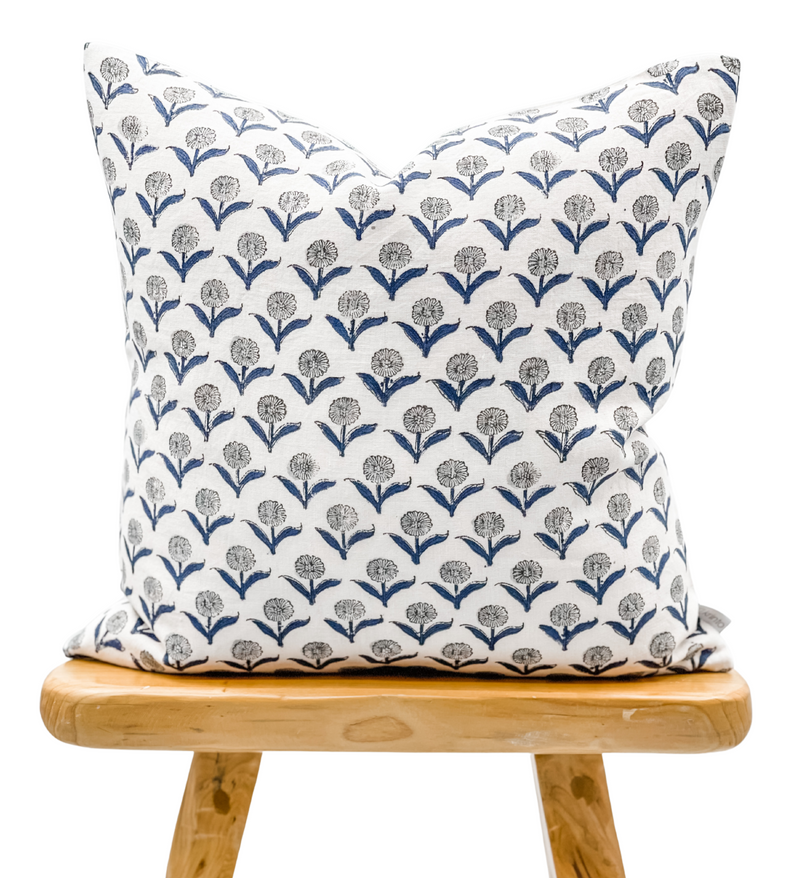 FLORAL BLUE AND GREY ON OFF WHITE LINEN PILLOW COVER - Krinto.com