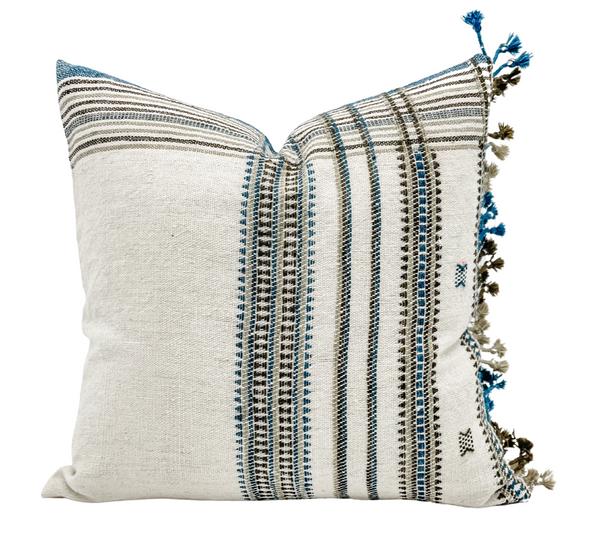 CREAM WHITE WITH BLUE AND BROWN VINTAGE INDIAN WOOL PILLOW COVER - Krinto.com