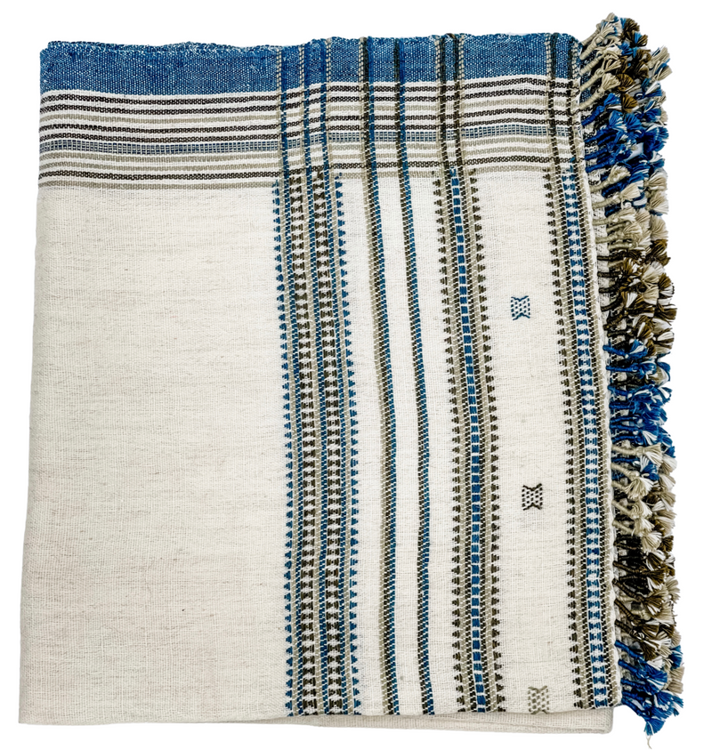 CREAM WHITE WITH BLUE AND BROWN INDIAN WOOL BLANKET - Krinto.com