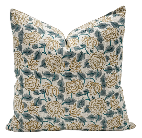VERA IN TEAL AND MUSTARD ON NATURAL LINEN PILLOW COVER - Krinto.com