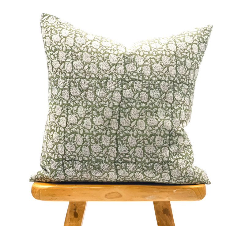 FLORAL OLIVE GREEN ON NATURAL LINEN PILLOW COVER - Krinto.com