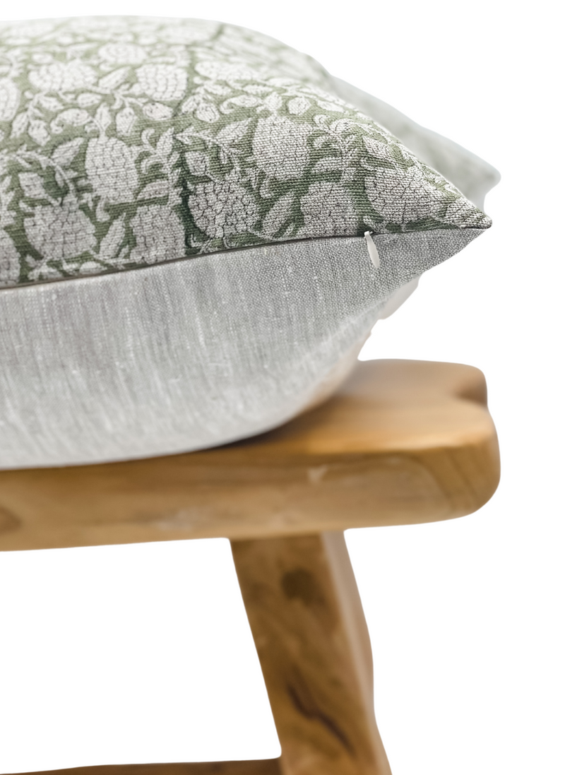 FLORAL OLIVE GREEN ON NATURAL LINEN PILLOW COVER - Krinto.com