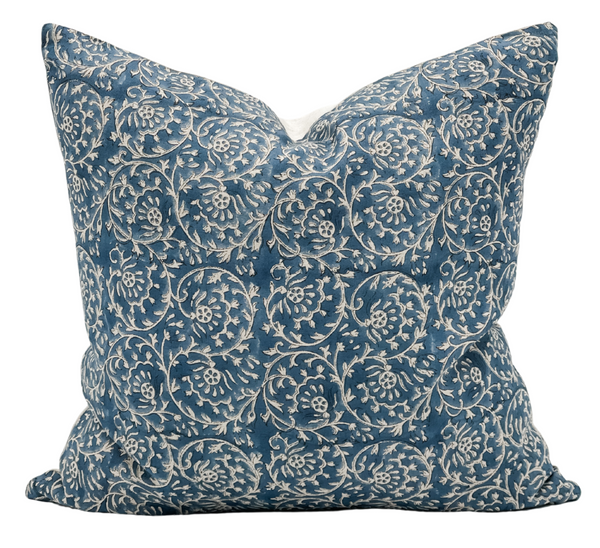 Floral Indigo Blue on Natural Linen Pillow Cover - Krinto.com