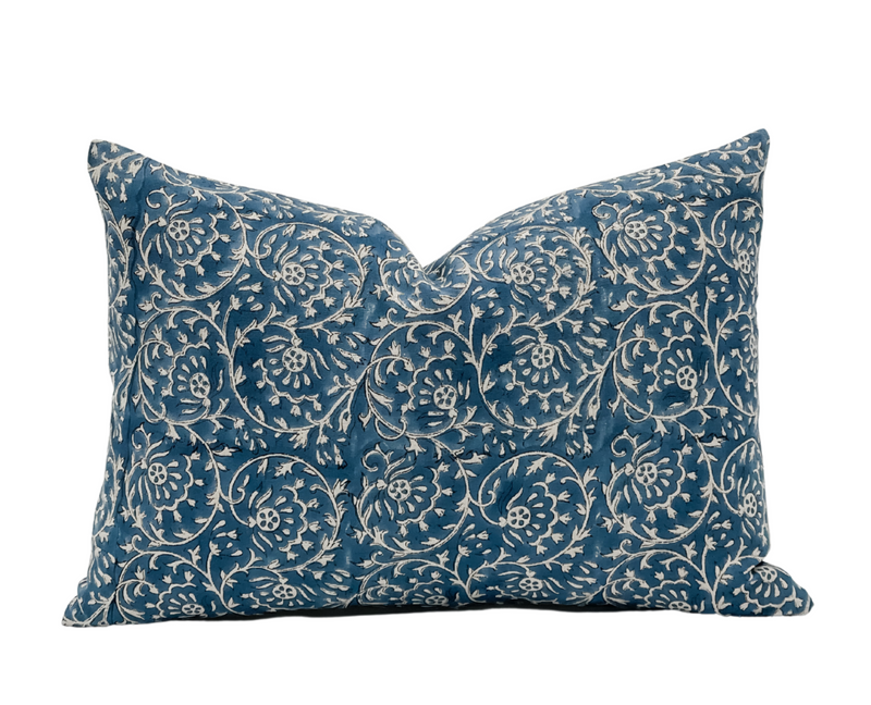 Floral Indigo Blue on Natural Linen Pillow Cover - Krinto.com